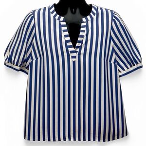J.Crew Blue White Stripe V-Neck Popover Blouse XL Cotton Puff Sleeve
